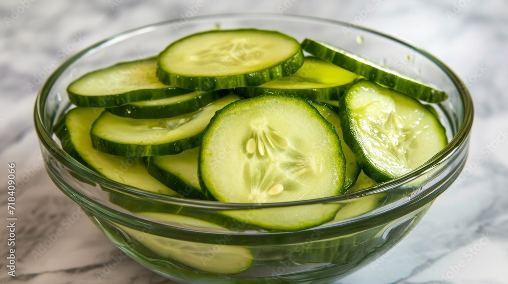 sliced pickled cucumbers in a clear glass bowl, probiotics sliced pickled cucumbers in a clear glass bowl, probiotics