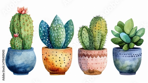 set of cactus in pots, isolated over a white background ,wallpaper