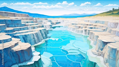 cartoon illustration natural hot spring  surrounded by terraced rock formations. The crystal clear blue water is inviting and contrasts beautifully with the earthy tones of the rocks.