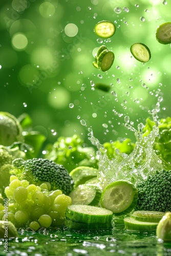 Vegetable poster, leafy greens, splash of water, Fresh Veggie, solid color background. Generative AI.