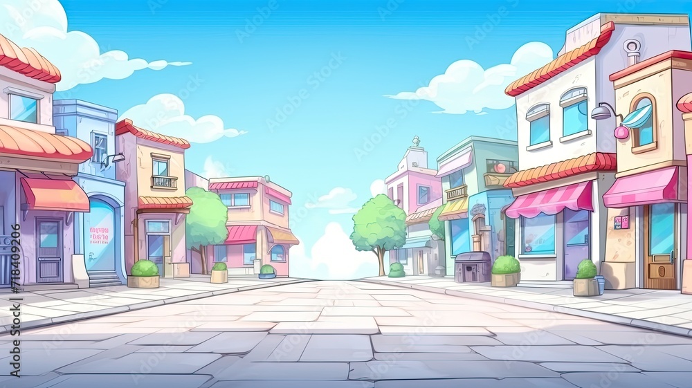 cartoon Panorama chinese street, colored buildings under a bright blue sky.