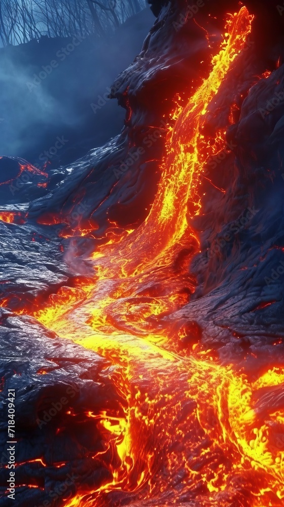 Volcano erupts. This escaping liquid rock becomes lava. Magma rising. Generative AI