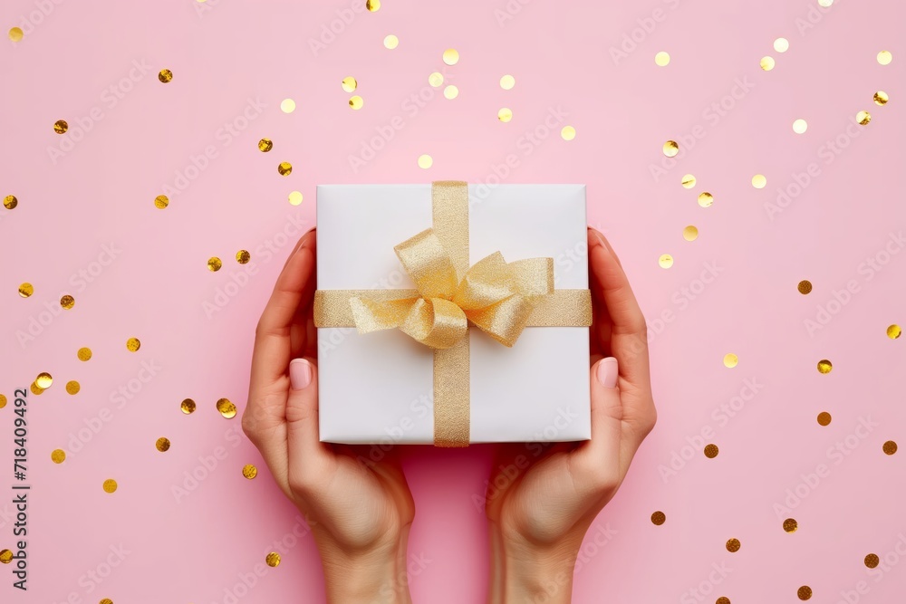 Female hands holding gift box on a pink background, Birthday Anniversary Celebration. Female hands holding gift box on a pink background, Birthday Anniversary Celebration.