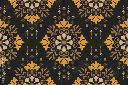 Ethnic Floral pattern embroidery on black background. Vintage flower motif oriental seamless pattern traditional. damask Thai style abstract vector illustration vintage design for print template.