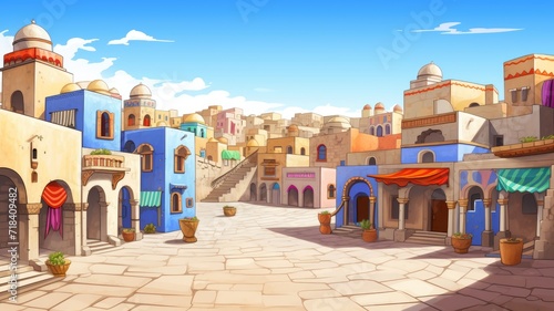 cartoon illustration landscape of ancient arab city with houses and the Arab market.