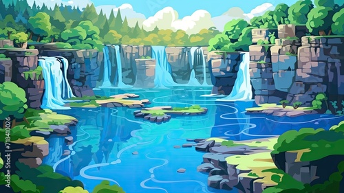 cartoon illustration waterfall cascading down rocky cliffs into a tranquil pool surrounded by lush greenery.