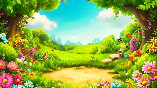 Cartoon Nature Illustration, Summer and Green Landscape, Sky and Background, Spring and Grass, Forest and Trees, Beauty and Environment, Colorful and Artistic Design © Rabbi