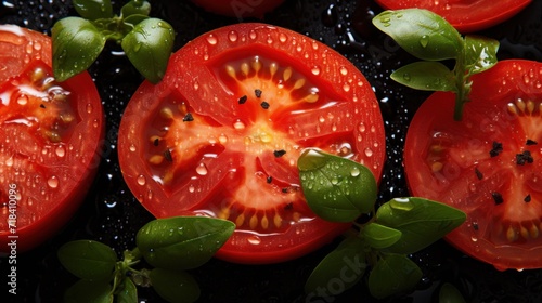  a group of tomatoes that have been sliced and are sitting on a black surface with water droplets on the top of them.