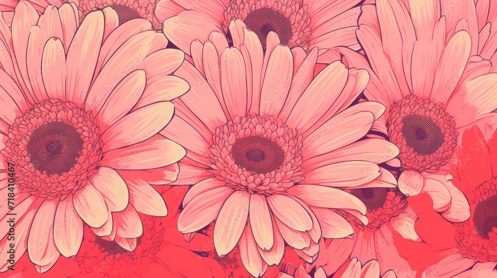  a bunch of pink flowers sitting next to each other on top of a bed of red and white daisies.