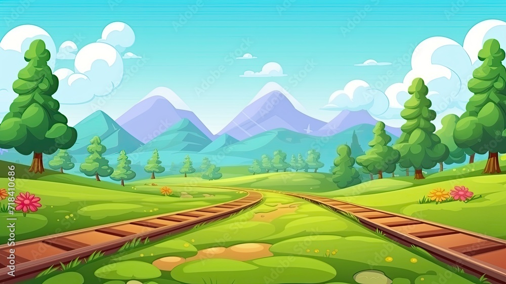 cartoon illustration railway track winding through a lush, colorful landscape.