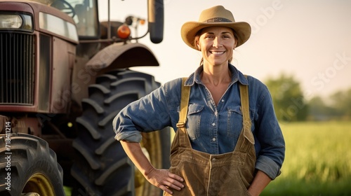 American senior female farmer standing next to the tractor