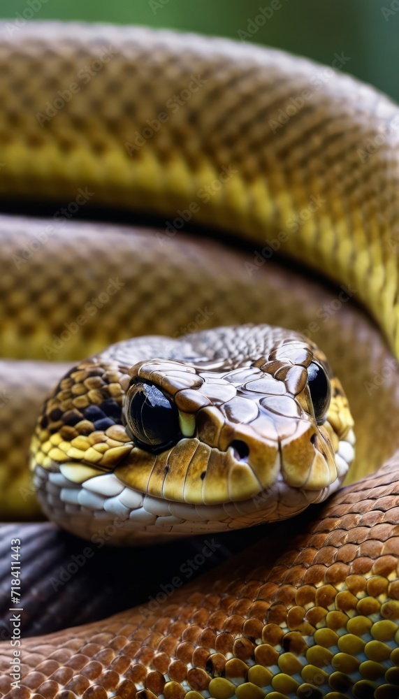 beautiful McCoy Taipan snake, close-up of brown color on blurred background. Wildlife concept beautiful McCoy Taipan snake, close-up of brown color on blurred background. Wildlife concept
