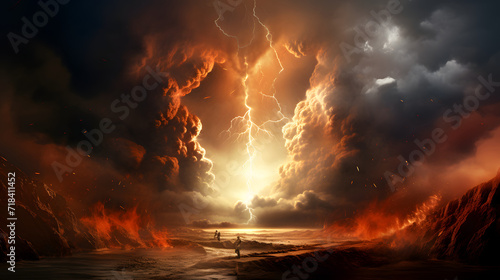 The Red Sea splitting and Moses walking across on dry land photo