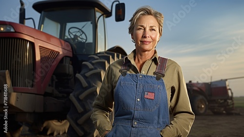 American senior female farmer standing next to the tractor
