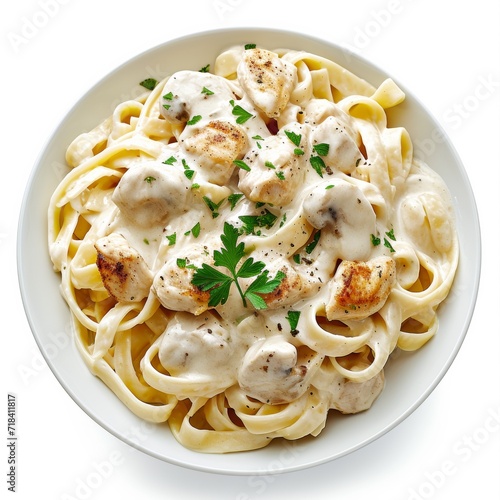 Tagliatelle chicken Alfredo isolated on white