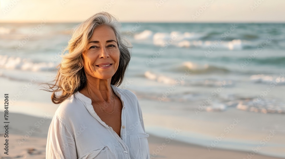 a beautiful older hispanic woman, dress in nice simple clothes, walking on the beach, copy space a beautiful older hispanic woman, dress in nice simple clothes, walking on the beach, copy space