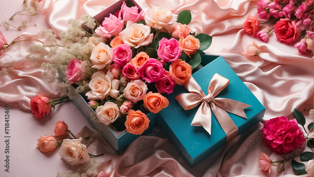 Beautiful bouquet flowers, gift box on the table Beautiful bouquet flowers, gift box on the table