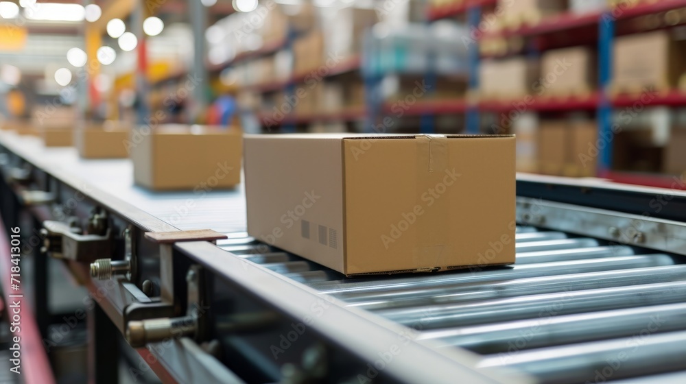 conveyor belt in a distribution warehouse with row of cardboard box packages conveyor belt in a distribution warehouse with row of cardboard box packages