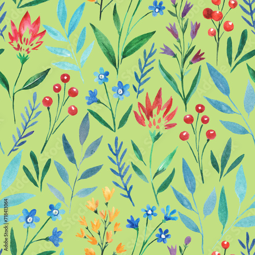 Seamless pattern with wild cute flowers. Watercolor illustration