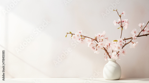 花瓶に差した桜。白い壁の前。日差し。バナー背景 photo