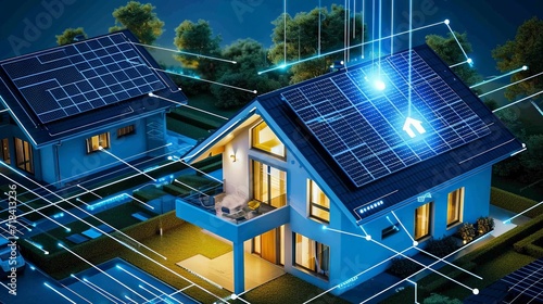 diagram of smart home and solar panels on a virtual interface machine 
