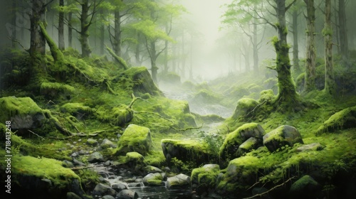  a painting of a stream running through a forest filled with green mossy rocks and trees with a foggy sky in the background.