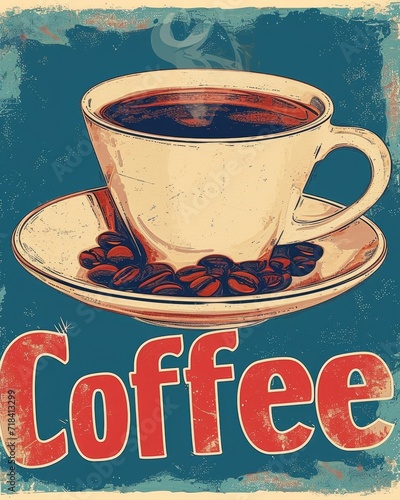 Color illustration of a cup of coffee with the inscription coffee in retro style
