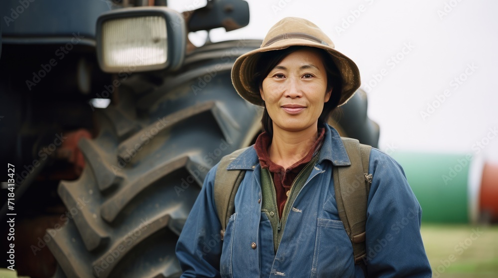 Asian middle age female farmer standing next to the tractor Asian middle age female farmer standing next to the tractor