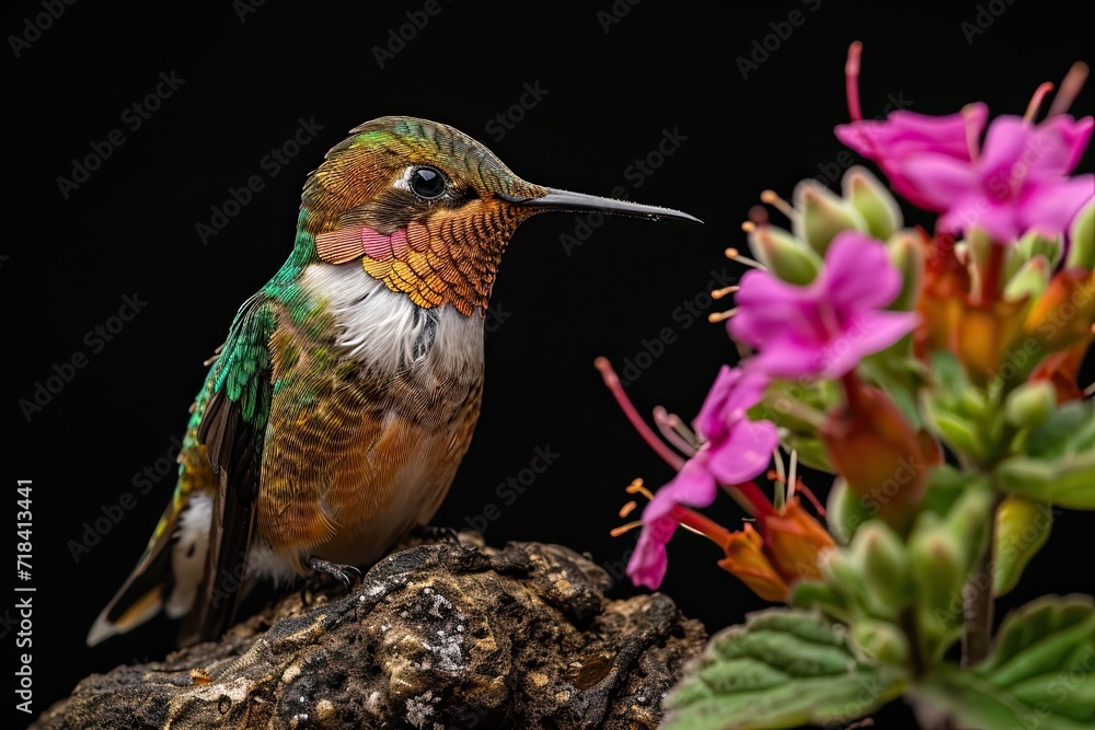 Beautiful colorful hummingbird with pink flower on black background AI Generative