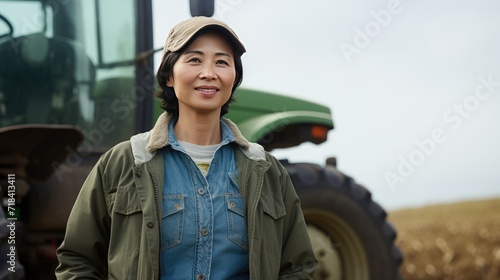 Asian middle age female farmer standing next to the tractor