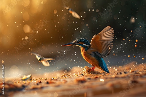 Beach Kingfisher fly hunting the fish with light exposure AI Generative © Tebha Workspace