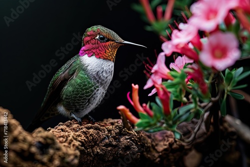 Beautiful of hummingbird with pink flower bunch standing on old log AI Generative