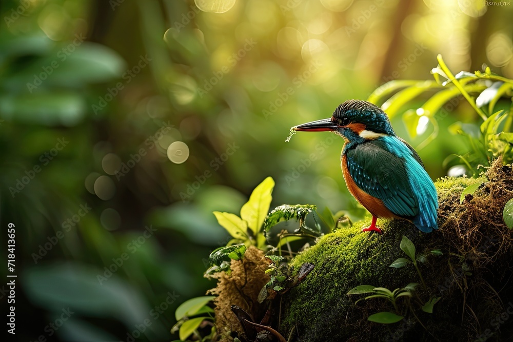 Fototapeta premium Right side view of Common Kingfisher standing on mossy stone in the forest AI Generative