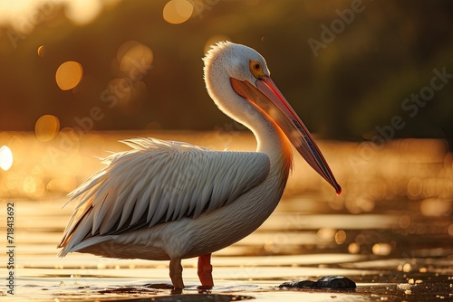 Beautiful side view of Great White Pelican in the morning lake AI Generative