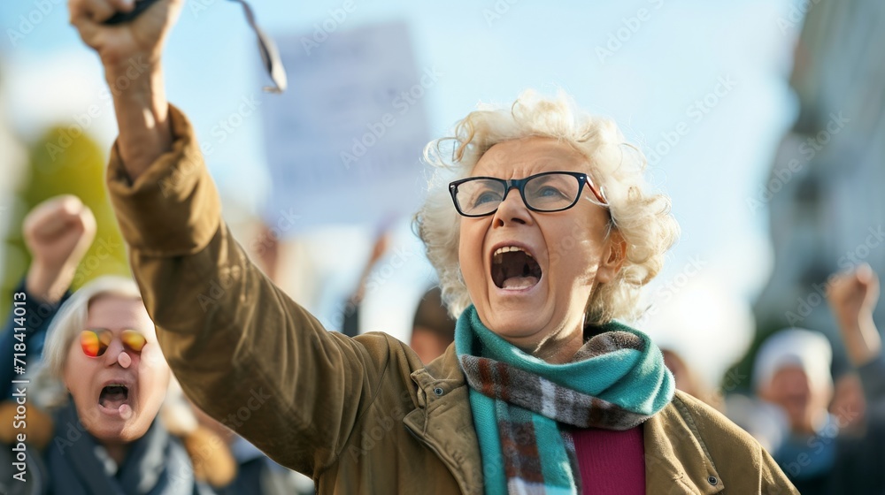 senior citizen activist shouting for their cause among people demonstration protester, copy space  