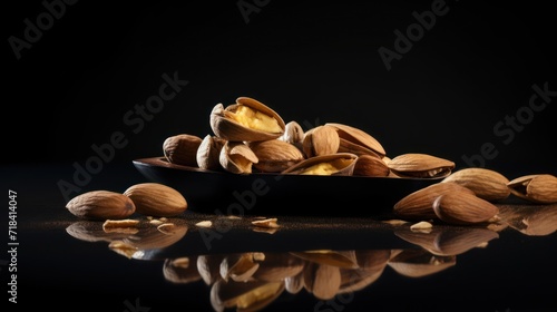  a bowl filled with almonds sitting on top of a black counter top next to a pile of almonds.