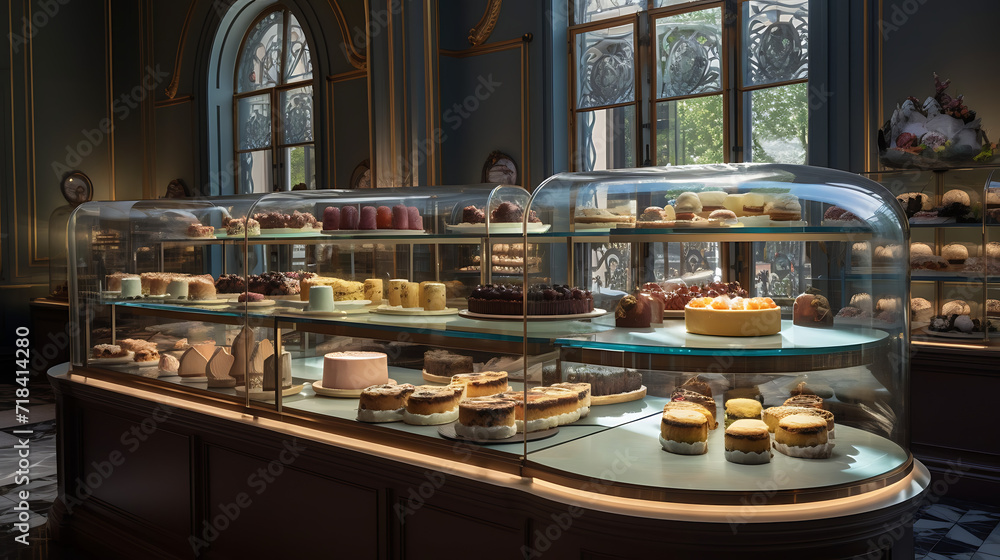 
A sumptuous dessert display in a high-end pastry shop, intricate pastries and cakes showcased under glass domes