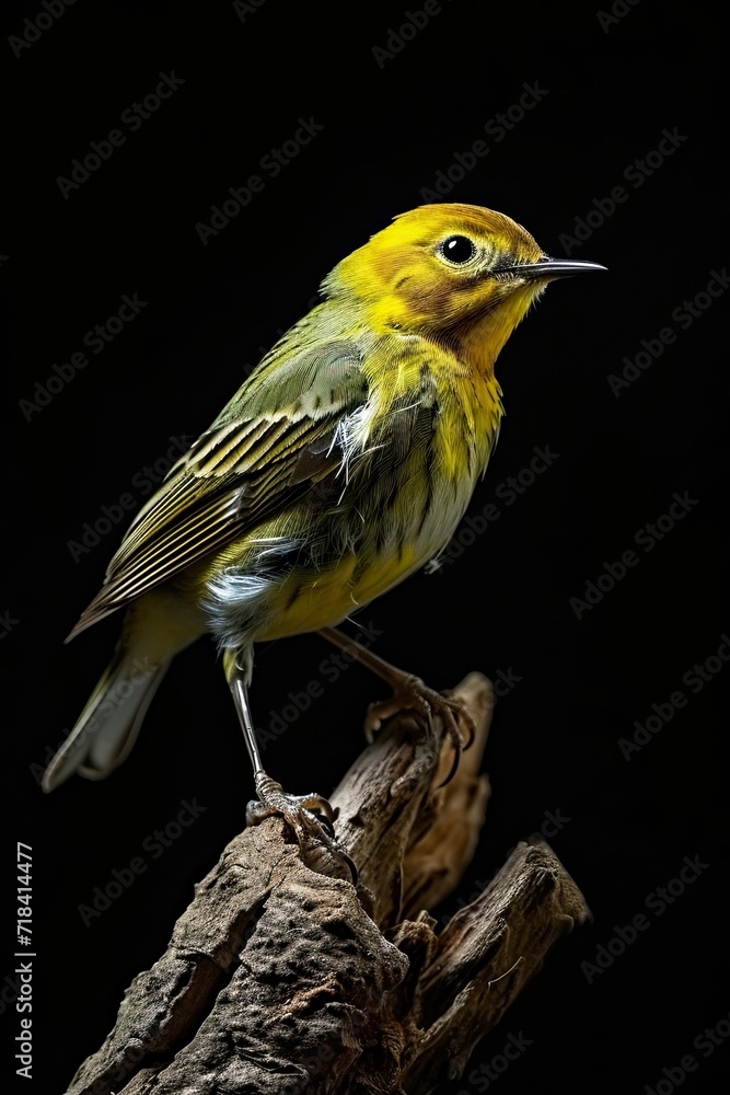 Portrait beautiful Green Warbler standing on old log isolated on black AI Generative