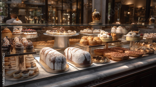  A sumptuous dessert display in a high-end pastry shop, intricate pastries and cakes showcased under glass domes