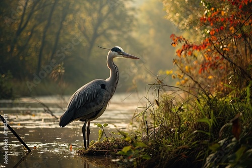 Grey Heron standing on the river forest with light exposure AI Generative © Tebha Workspace