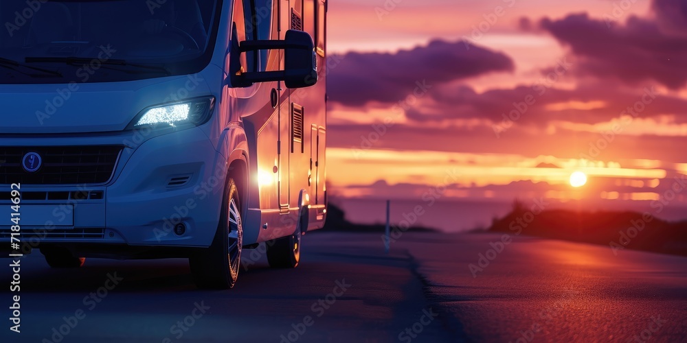 Breathtaking night. Modern motorhome driving on road Breathtaking night. Modern motorhome driving on road