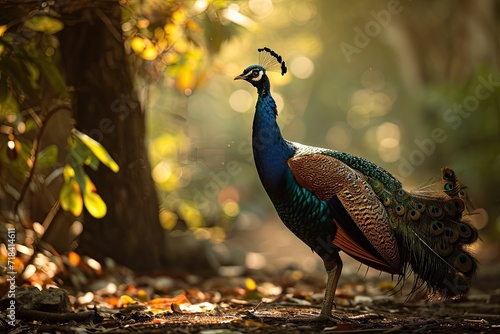 Portrait side view Indian Peacock standing on the morning forest AI Generative