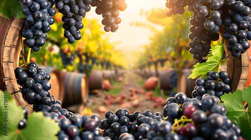 Wine Harvest in Nature, Ripe Grapes on Vine, Autumn Vineyard Landscape, Farming and Agriculture, Sunset and Fresh Produce, Seasonal and Rustic Winery Scene
