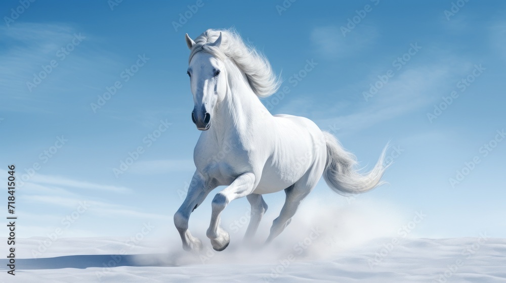 Fototapeta premium a white horse running in the snow on a sunny day with a blue sky and white clouds in the background.