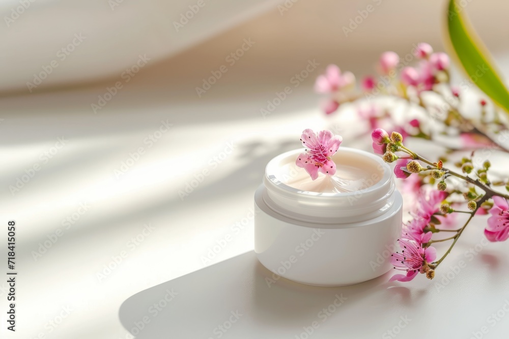 Cream jar among flowers with shadow. Cream jar among flowers with shadow.