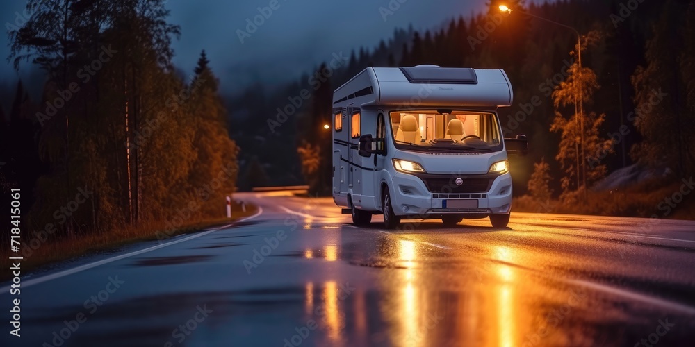 Obraz premium Breathtaking night. Modern motorhome driving on road