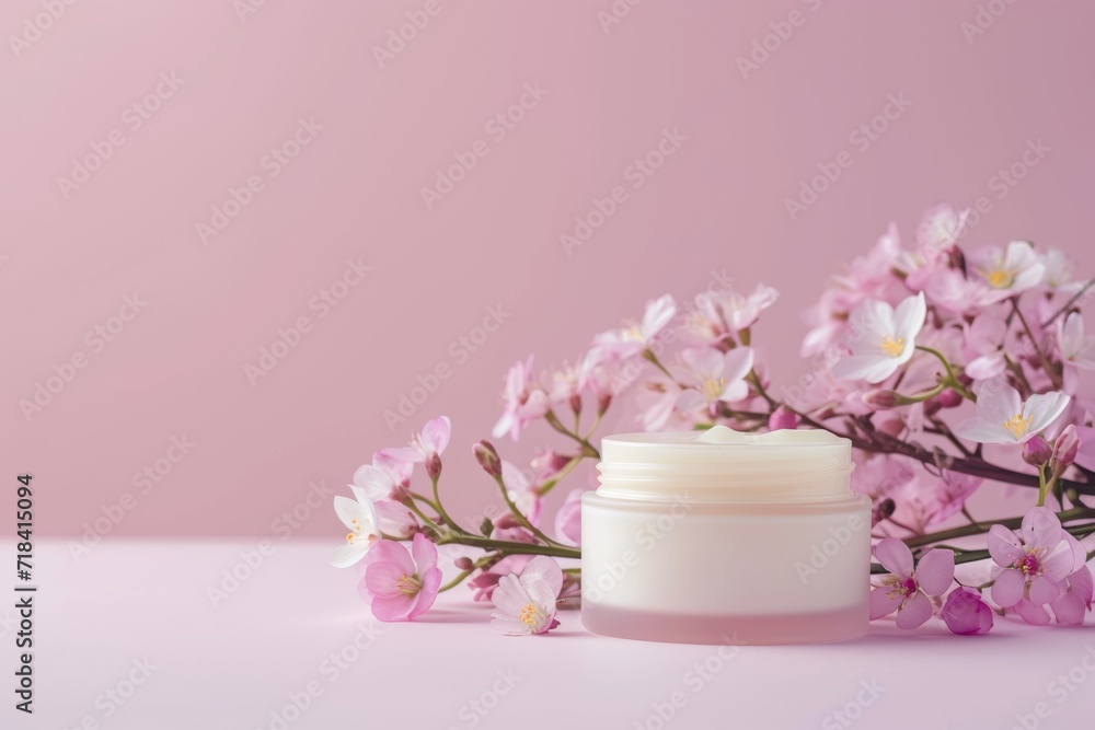 Cream jar on pink with flowers. Cream jar on pink with flowers.
