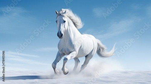  a white horse running in the snow on a sunny day with a blue sky and white clouds in the background. © Olga