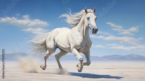  a painting of a white horse galloping in the desert with mountains in the background and clouds in the sky.