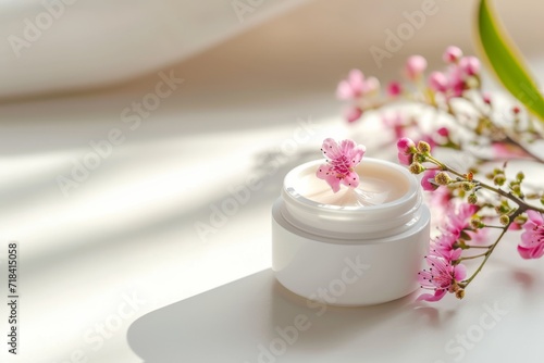 Cream jar among flowers with shadow.